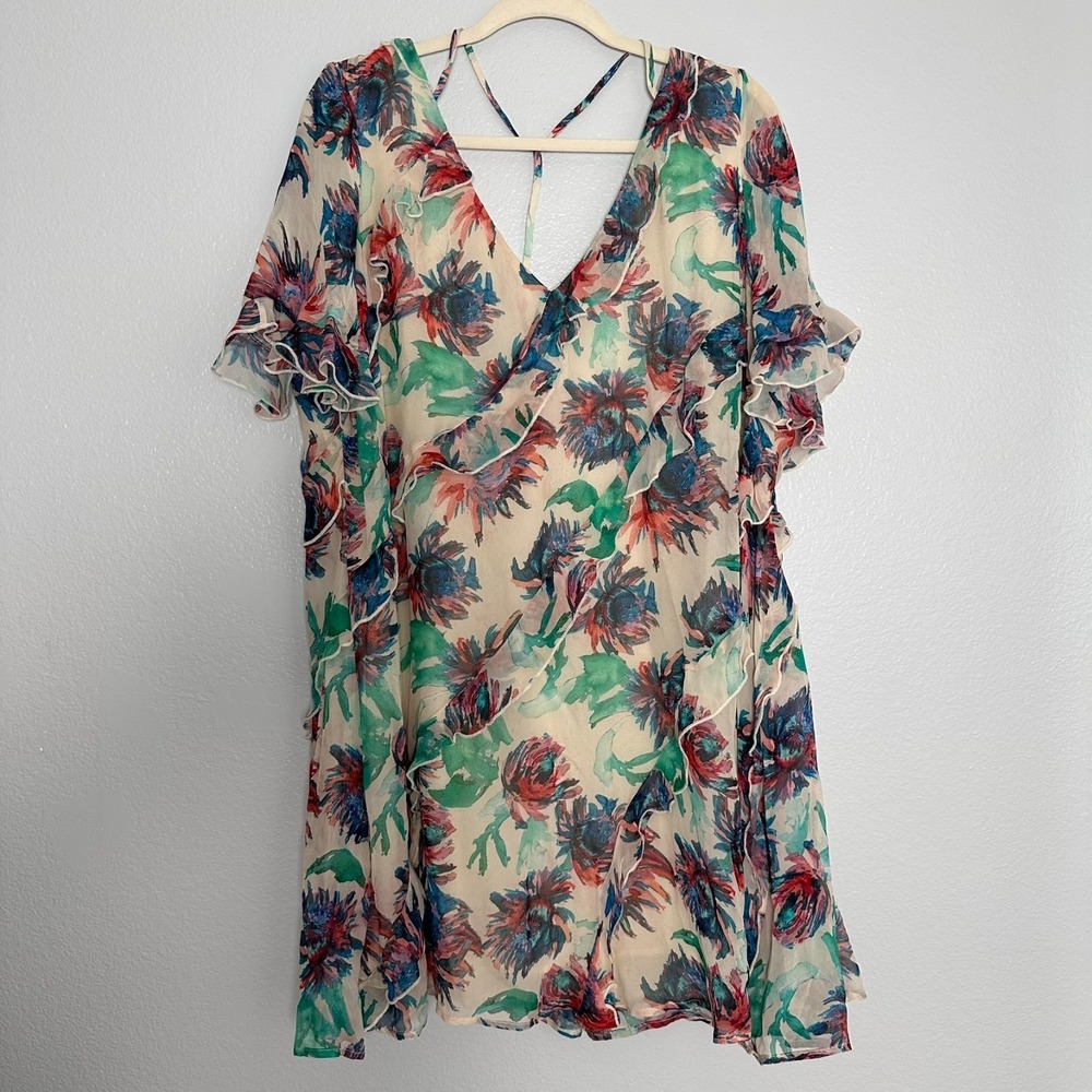 Anthropologie Size-2X Mini Dress Soft Printed Flutter Sleeves Watercolor